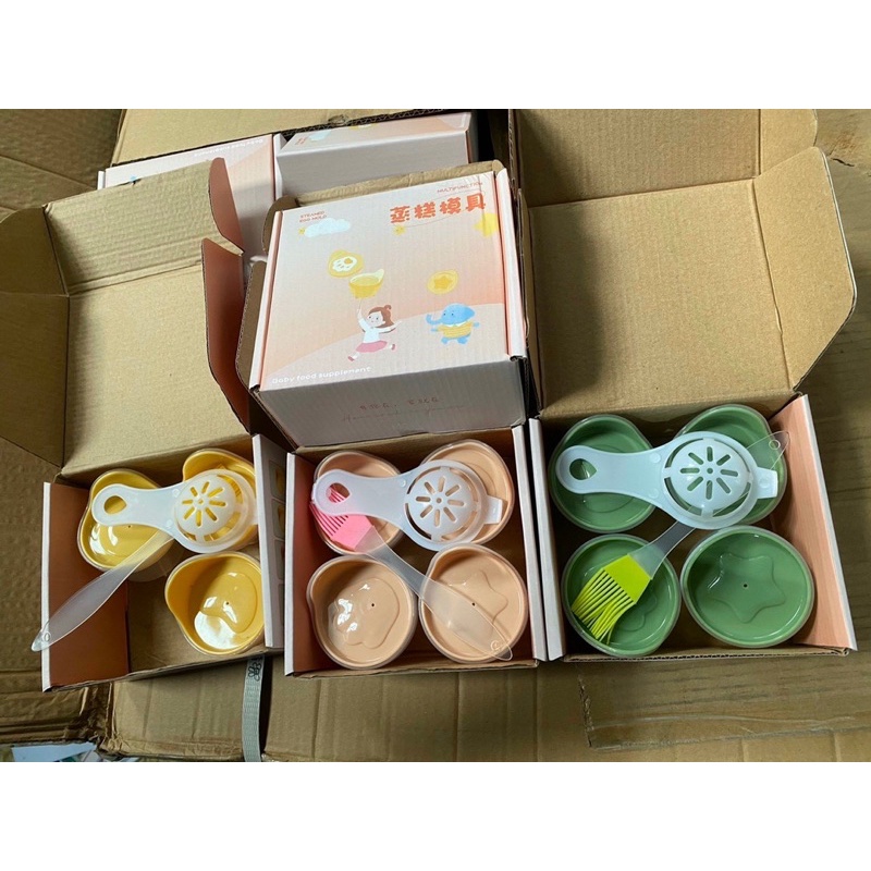 (Mẫu mới) Khuôn Hấp Trứng Làm Bánh cho bé, làm Caramen Thạch Flan kèm chổi quét silicon và tách lòng trứng