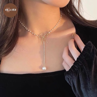 Vòng Cổ Chocker Nơ Dài Đính Ngọc Tròn To, Dây Chuyền Mạ Bạc 925 Không Gỉ Bền Màu Phong Cách Nữ