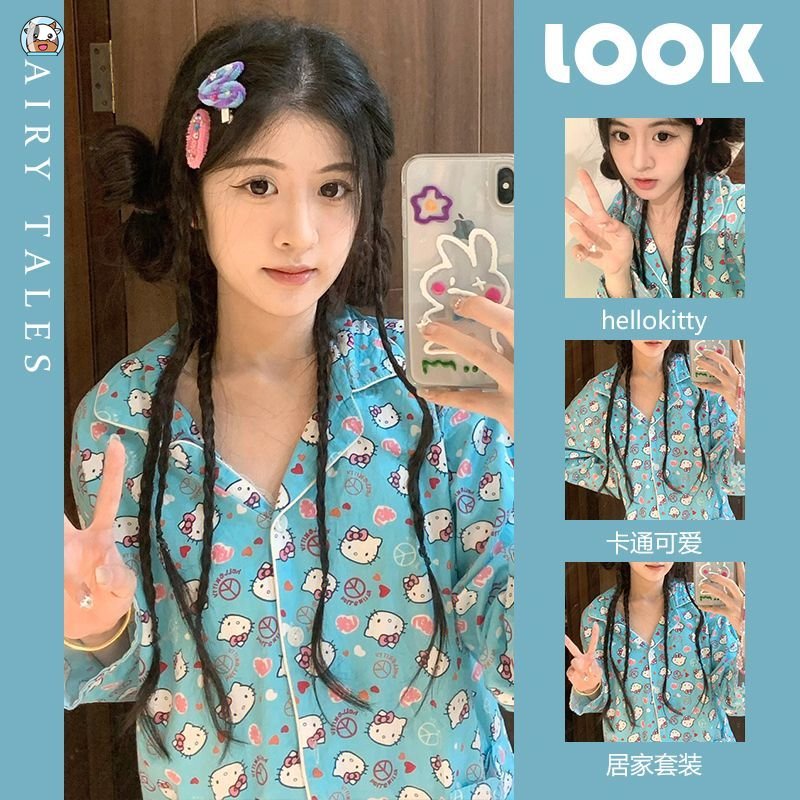 Bộ Đồ Ngủ Tay Dài In Hoạt Hình Mèo Kitty Thời Trang Thu Đông Xinh Xắn Cho Nữ