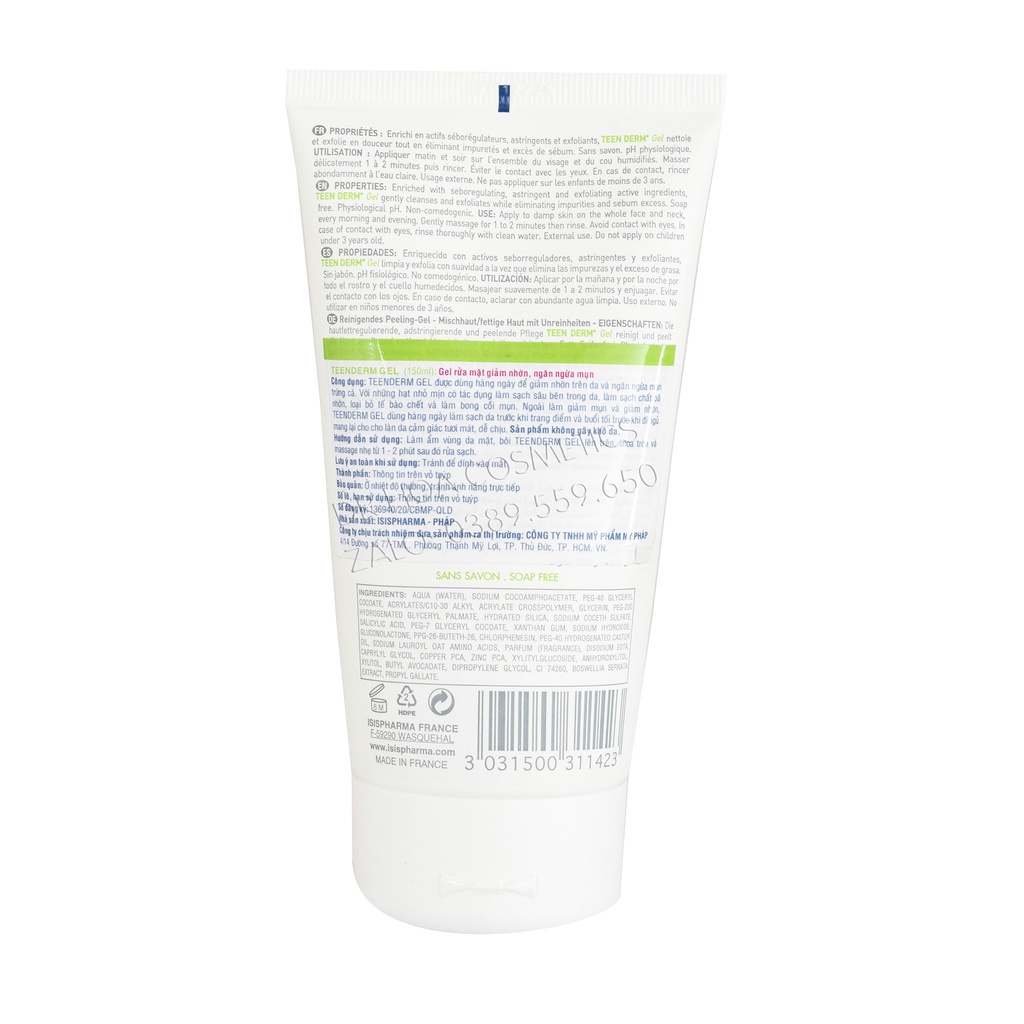 SRM: ISIS Pharma Teen Derm Gel 150ml - Gel rửa mặt giảm nhờn ngừa mụn chính hãng