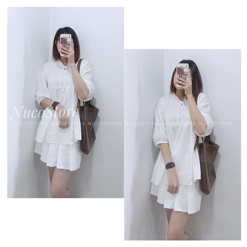 Set Áo Babydoll Trắng Kèm Chân Váy Trắng Xếp Li | BigBuy360 - bigbuy360.vn