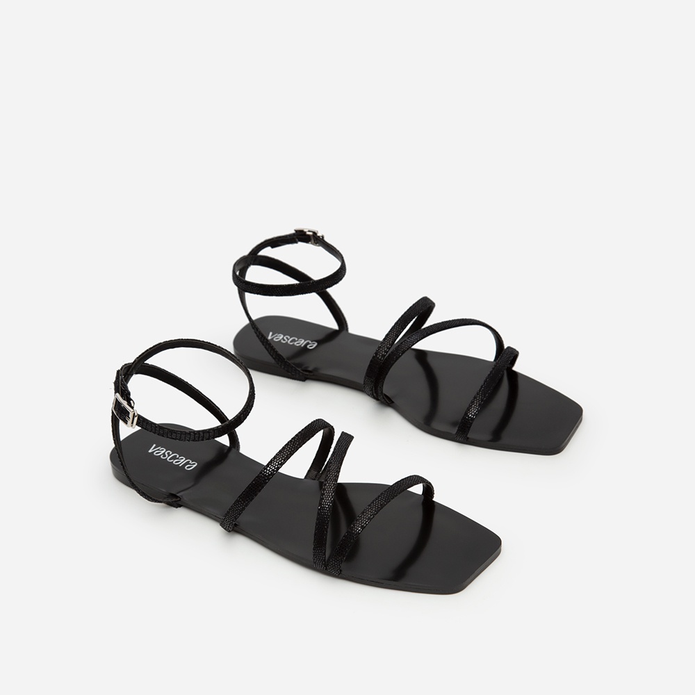 Vascara Giày Sandal Ankle Đế Bệt Mũi Vuông Vân Da Kỳ Đà SDK 0317 Đen
