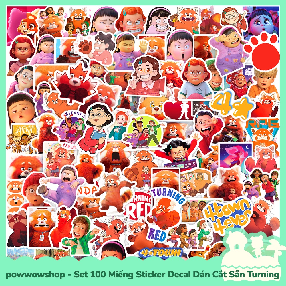 [Sẵn VN - Hỏa Tốc] Set 100 Miếng Sticker Decal Cắt Sẵn DIY Dán Trang Trí Vật Dụng Mẫu Red Bear Fox Turning Red Big Large