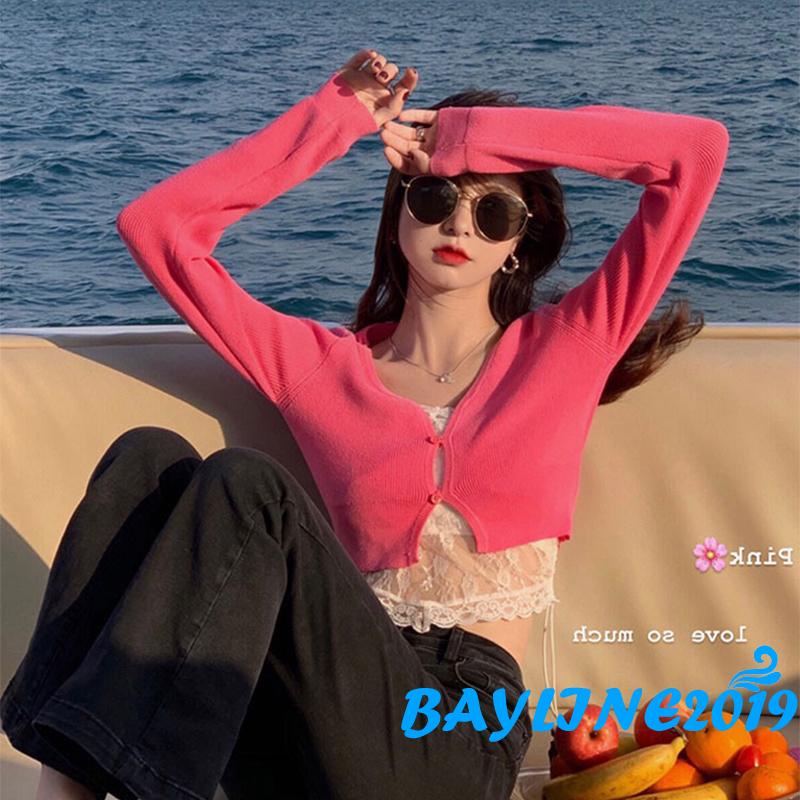 Áo croptop dệt kim tay dài cổ chữ v màu sắc đơn giản cho nữ