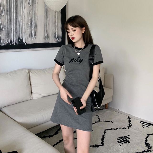 Váy thun màu xám viền đen - Có ảnh thật