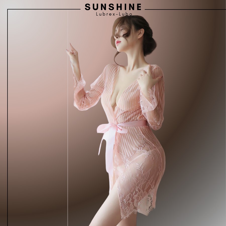 Áo choàng kimono Voan mỏng phối ren cao cấp kẻ sọc màu HỒNG SUNSHINE LUBREX-LUBO -SOC1066