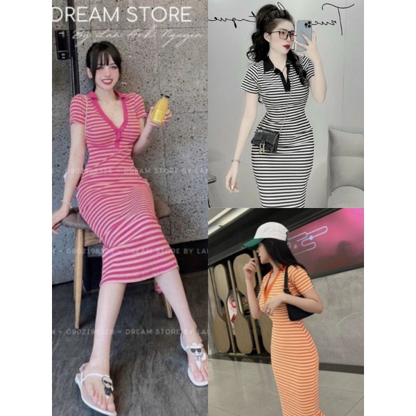 Đầm Thun Cổ Trụ Polo V Gài Nút - Tay Ngắn Dáng Dài Maxi Form Ôm Body Sexy - Kẻ Sọc Ngang Màu Sắc Cute