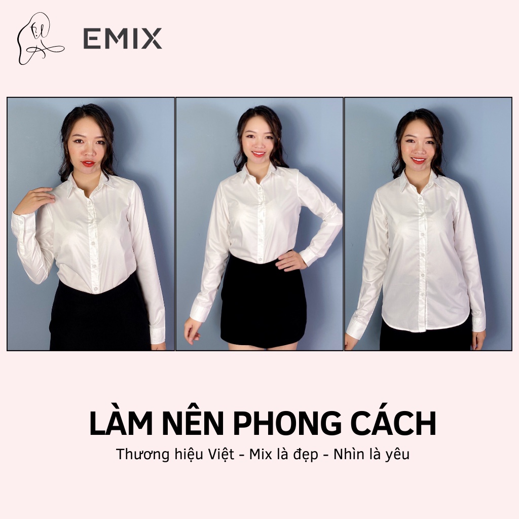 Áo sơ mi nữ công sở EMIX (màu trắng), dài tay, form rộng, cổ sơ mi, chất lụa thô mềm mịn, không nhăn, không lộ a65