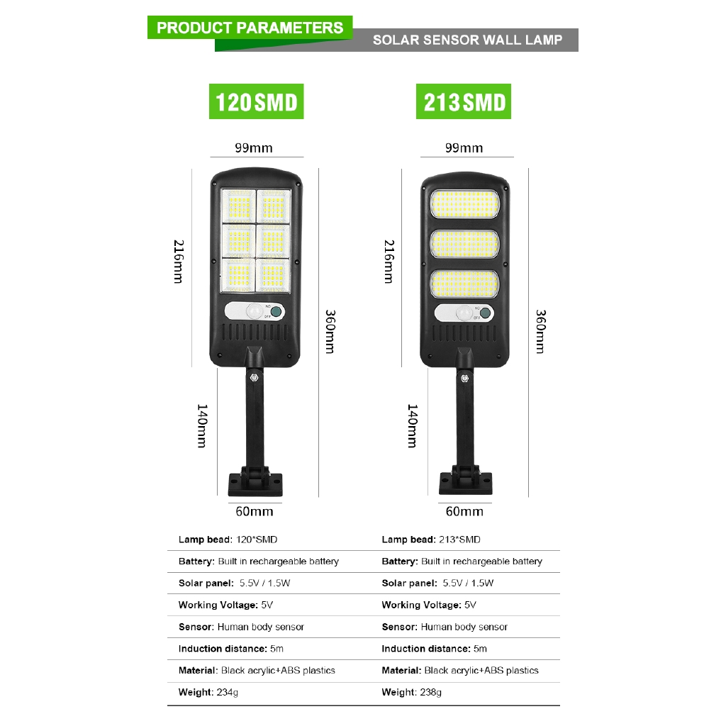 Đèn 40W 213LED 3 chế độ tích hợp cảm ứng chạy năng lượng mặt trời không thấm nước