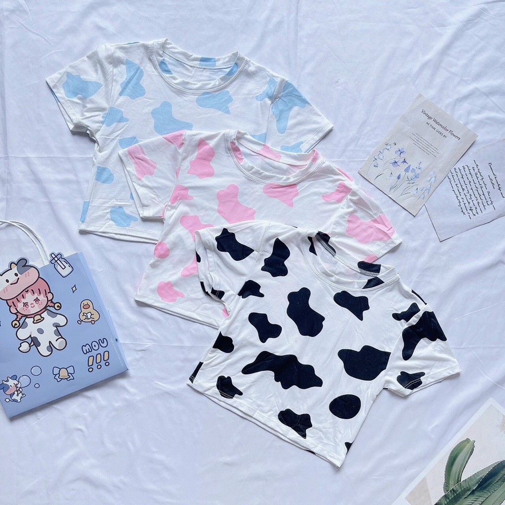 Áo croptop bò sữa, áo thun tay ngắn croptop bò sữa, áo kiểu nữ mang đi học đi chơi freesize dưới 55kg