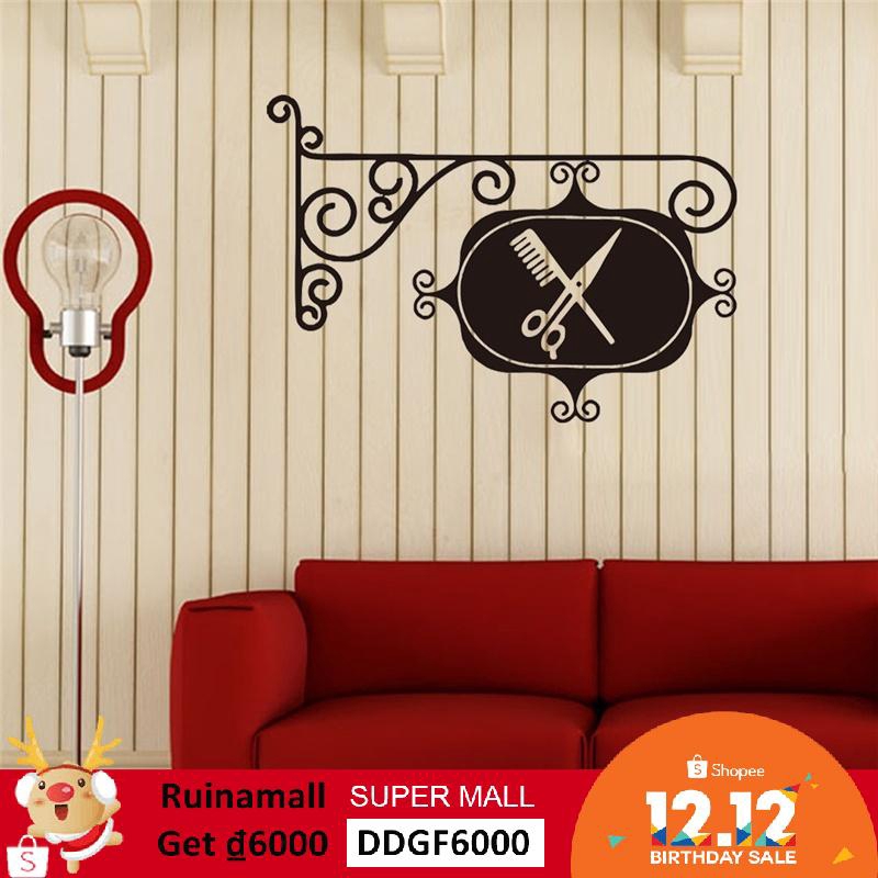 Miếng dán tường hình cây kéo và lược trang trí hoa lụa gương tròn hồ cá mini trang trí chụp ảnh tranh đính đá chỉ lụa