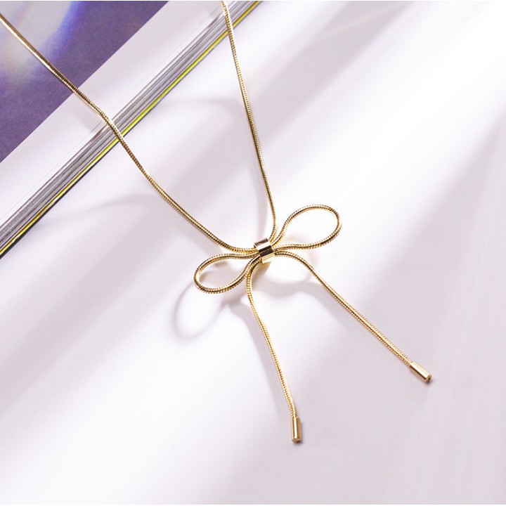 DÂY CHUYỀN MÌ TITAN MÀU VÀNG 24K THẮT HÌNH CHIẾC NƠ TN171 siêu đẹp, bền màu, chuẩn thời trang