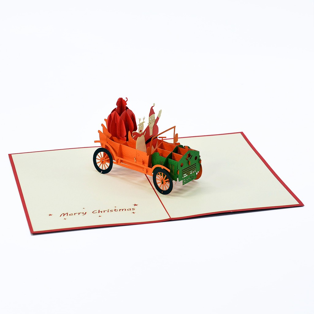 Thiệp nổi 3D Santa Clause, christmas pop-up card chuyến xe chở những món quà size 12x18 cmCN119