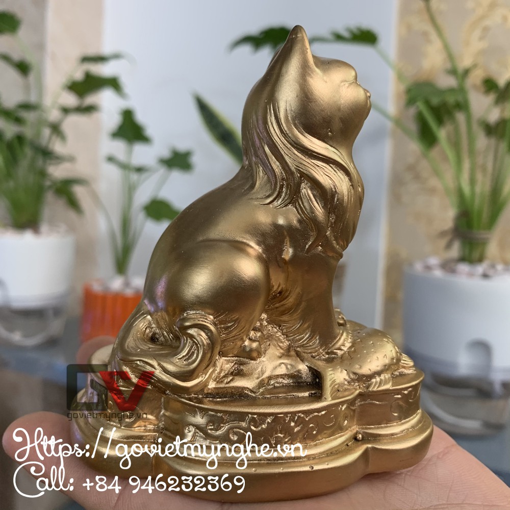 Tượng đá con Mèo cát tường trang trí phong thủy bàn làm việc - Cao 10cm - Màu nhũ đồng