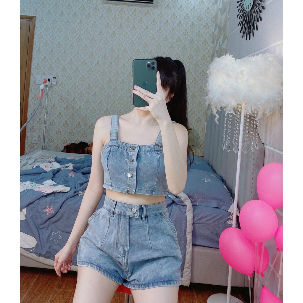 set bộ jean áo croptop 2 dây mix quần cực cá tính, ảnh thật