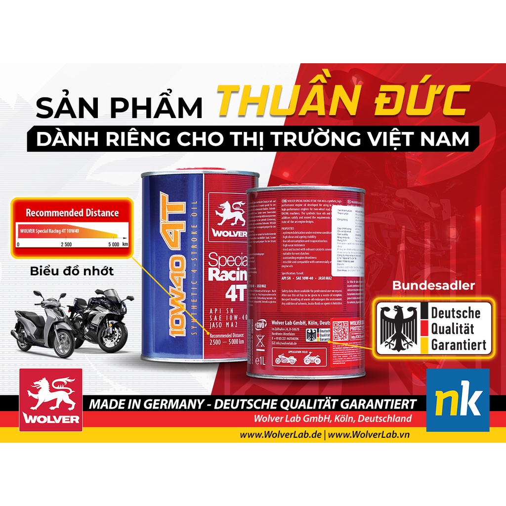 Nhớt 100% Tổng hợp xe máy mô tô PKL WOLVER SPECIAL RACING 10W40 1L API SN - Nhập Đức 100%