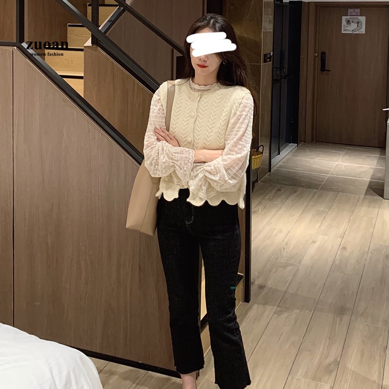 SUXI Áo Blouse Nữ Tay Dài Phối Ren