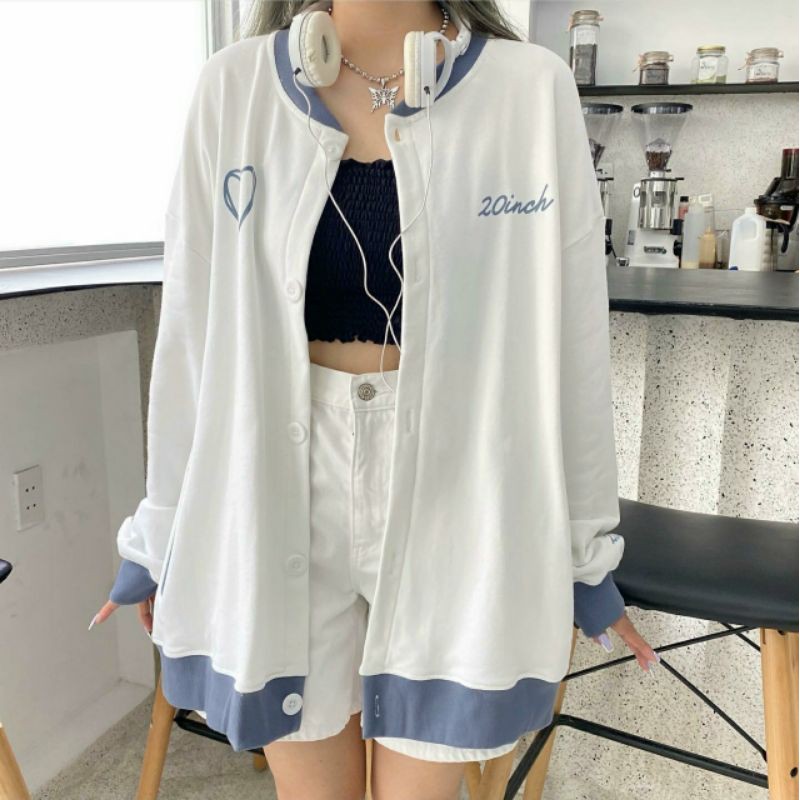Áo Khoác Nỉ Bông Cardigan WHATISLOVE 20inch Trắng Phối Xanh Đậm Unisex Ulzzang | BigBuy360 - bigbuy360.vn