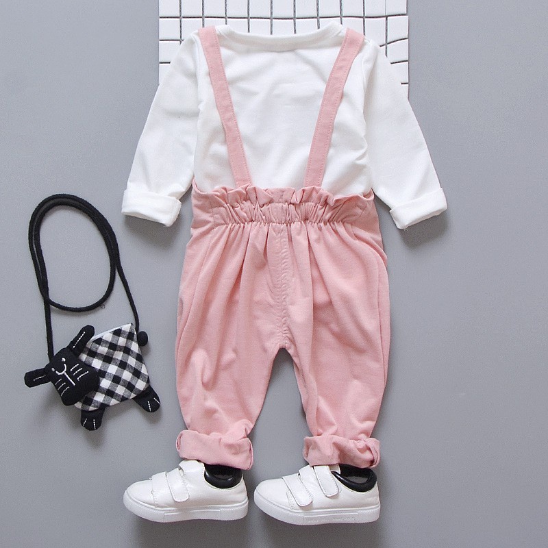 Bộ Áo Thun Tay Dài + Quần Yếm In Hình Mèo Dễ Thương Dành Cho Bé Gái