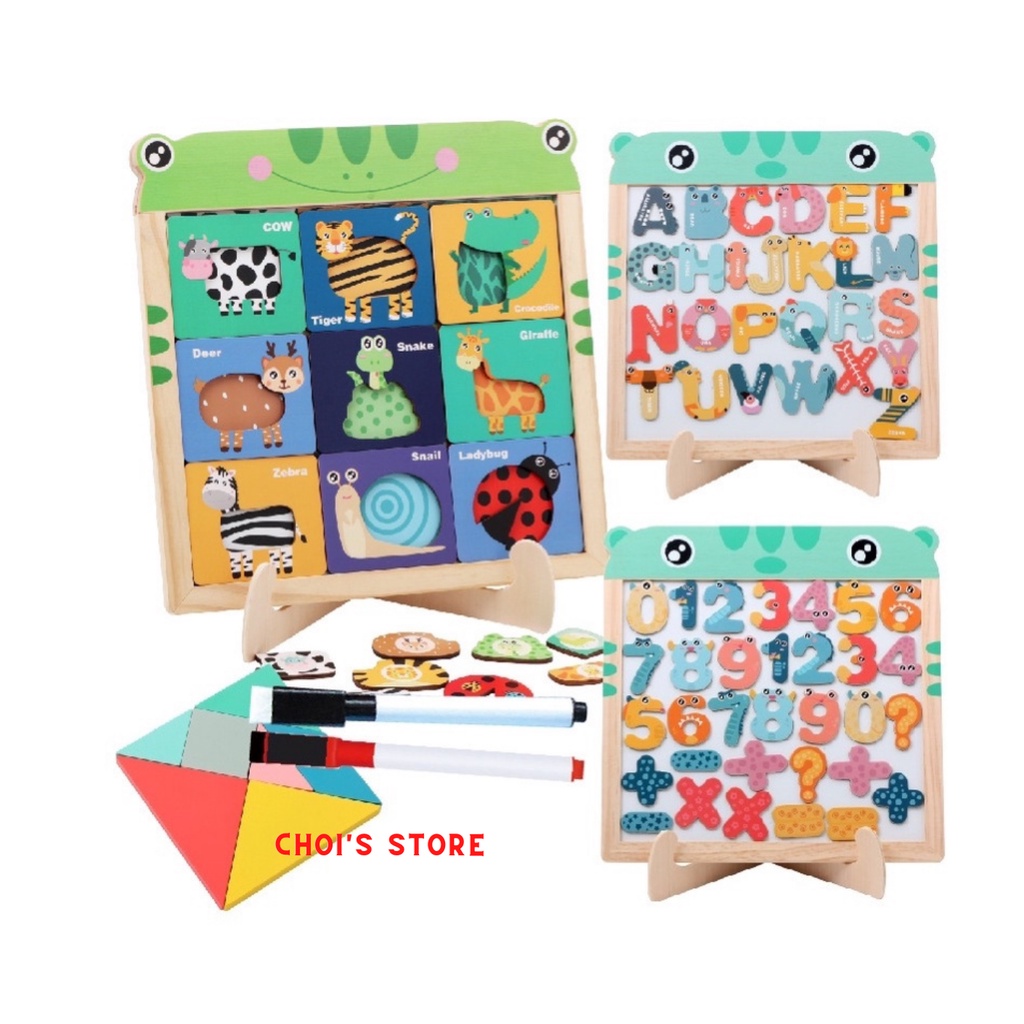 Bảng nam châm tangram, ghép hình động vật, học chữ, học số thông minh bằng gỗ (Choi_Store 01)