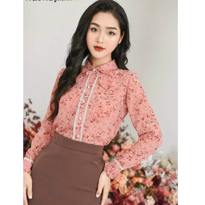 Áo sơ mi Chiffon Hàn Quốc hoa nhí phối ren dài tay thiết kế Tây Collection