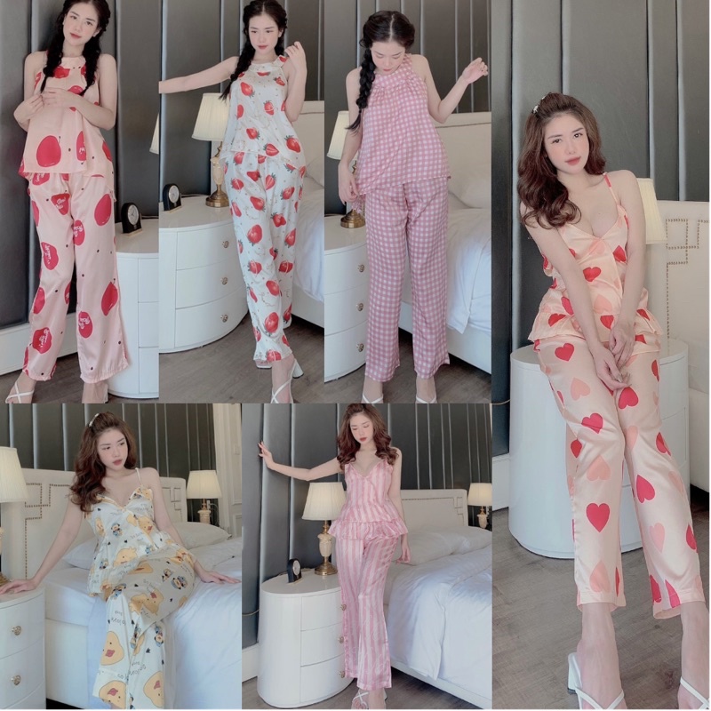 Đồ bộ pijama, bộ lụa cao cấp tay ngắn quần dài chất liệu mềm mịn mát dịu,hoạ tiết dễ thương