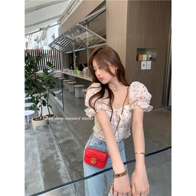 Áo Chiffon Cổ Vuông Tay Phồng In Họa Tiết Hoa Phong Cách Pháp Thời Trang Mùa Hè Cho Nữ