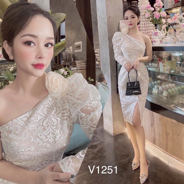 Váy ren trắng body lệch vai thiết kế DVC