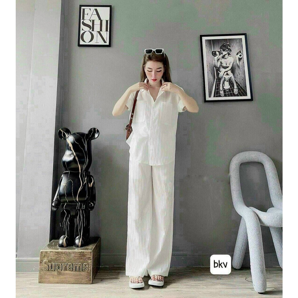 Set áo sơ mi xẻ tà sau, quần dài, chất đũi xước đẹp, form chuẩn, cho nữ mặc đi chơi, đi biển
