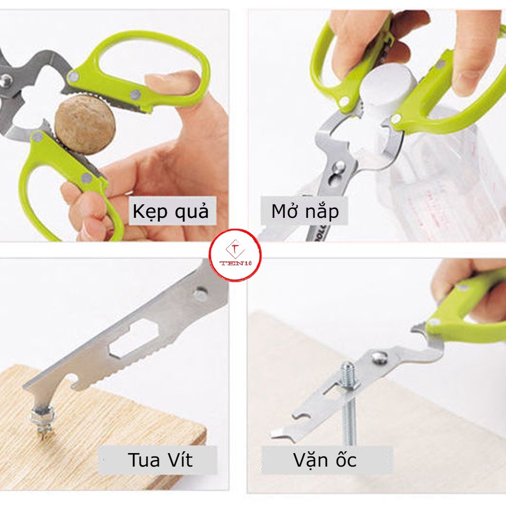 Kéo nhà bếp cắt gà đồ ăn Nhật Bản 10 chức năng bằng thép không gỉ cao cấp có thể tháo rời mở nắp chai, tua vit, Cờ lê