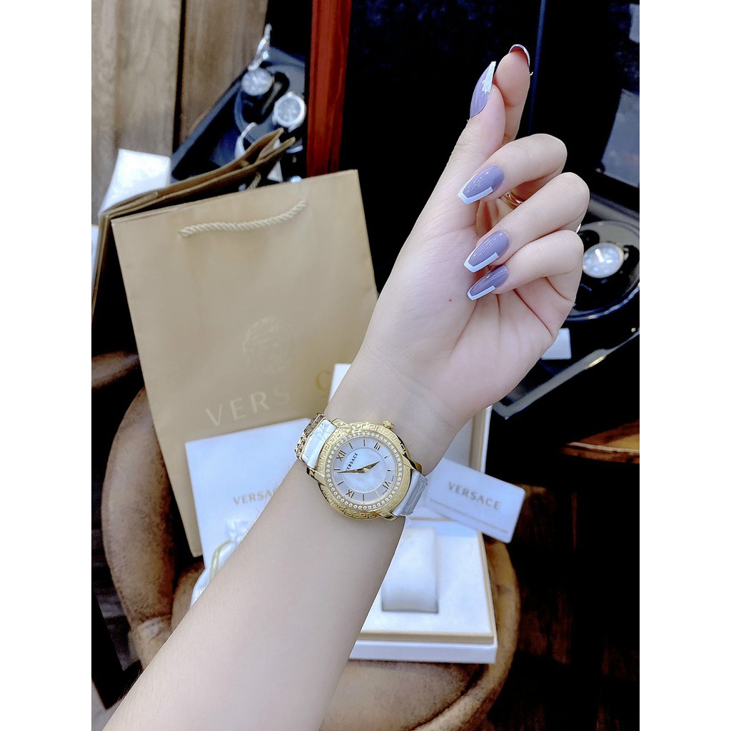 Đồng hồ nữ dây da chính hãng VERSACE full box, đồng hồ đeo tay dây da trắng cao cấp, siêu sang