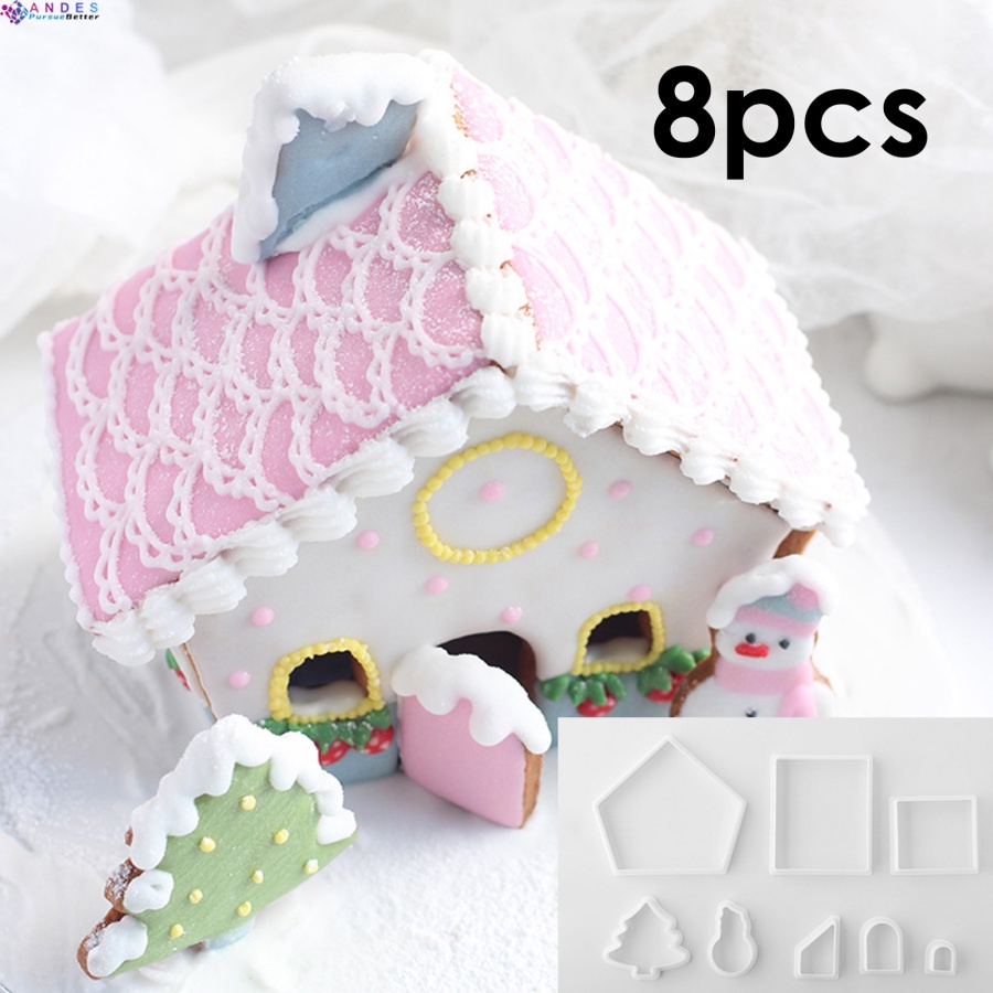 Bộ 8 khuôn nhựa tạo hình ngôi nhà 3D làm bánh quy hình thủ công DIY