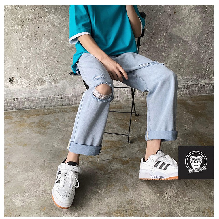 Quần jean baggy nam nữ ống rộng rách gối xanh nhạt 2020 | BigBuy360 - bigbuy360.vn