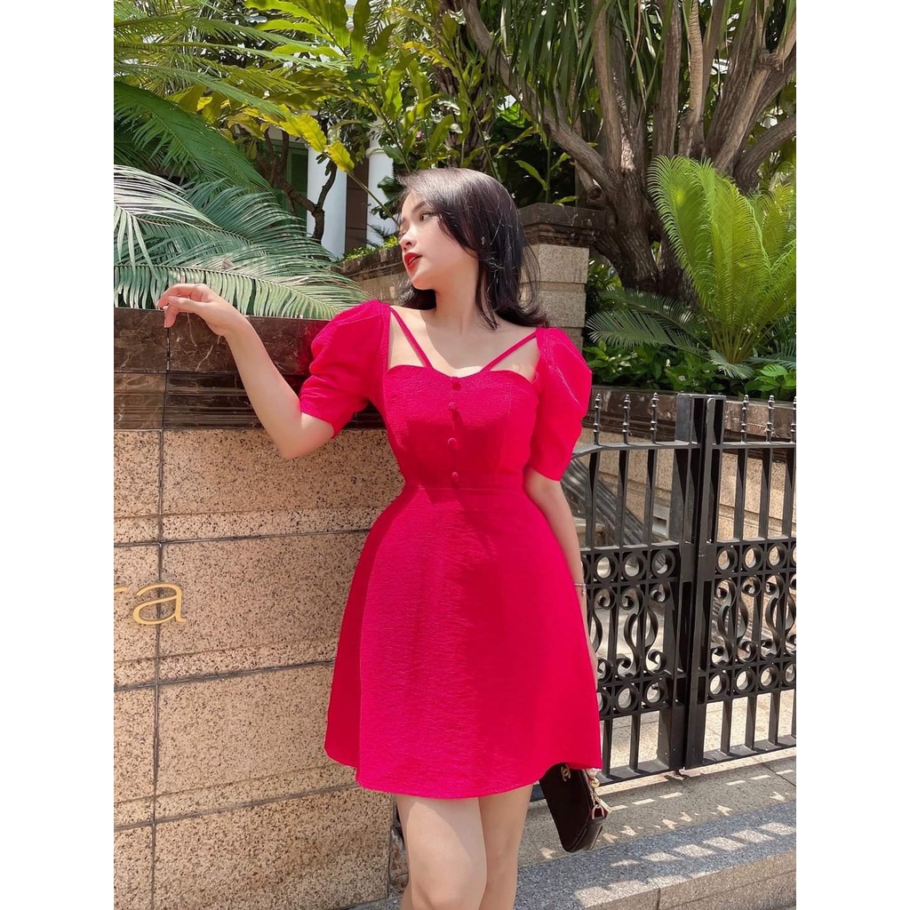 Váy đầm nữ xòe đính nút đan dây chéo cổ,xinh xắn phù hợp cho nàng dự tiệc ,dạo phố có 3 màu như hình