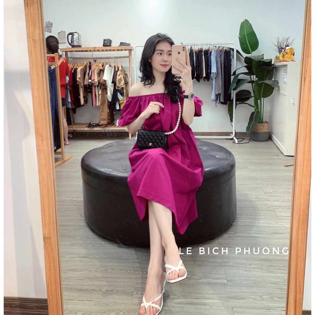 Váy trễ vai dáng maxi chất thô mềm thoáng mát đầm trễ vai 4 màu sang chảnh V1468