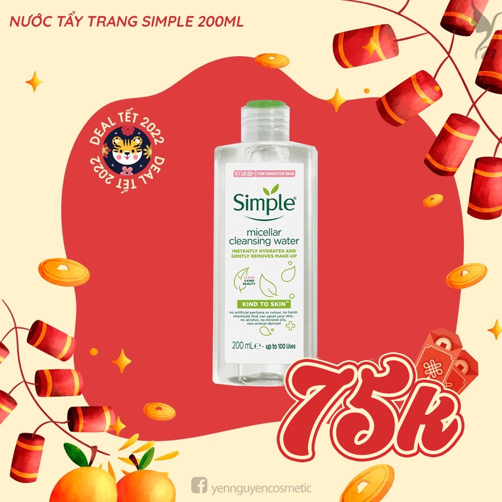 Nước tẩy trang Simple Kind to Skin Micellar Cleansing Water 200ml