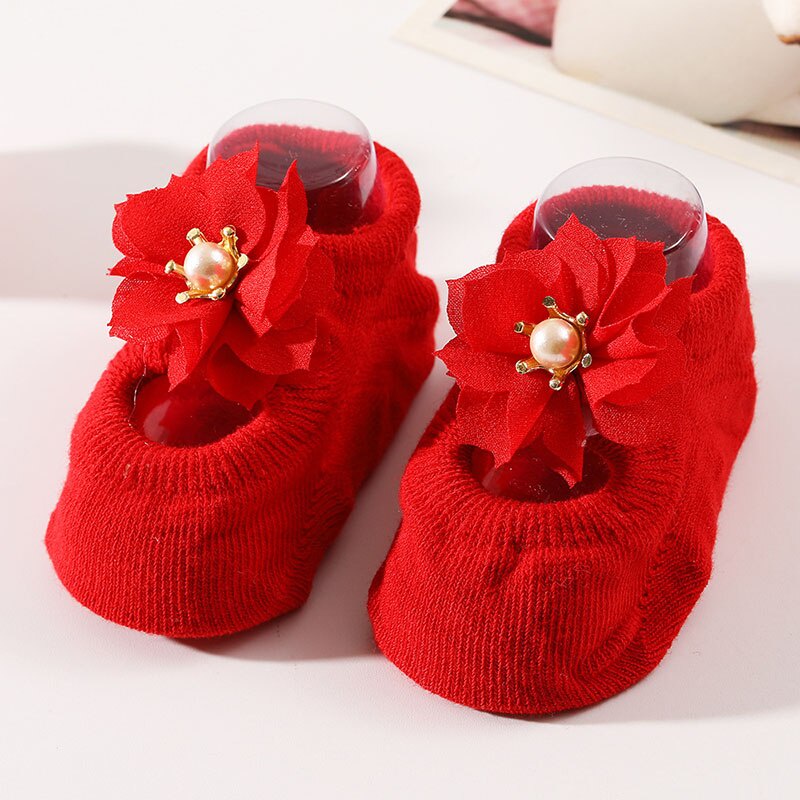 Set 3 đôi tất cotton chống trượt đính hoa/ngọc trai/nơ dễ thương xinh xắn dành cho bé gái