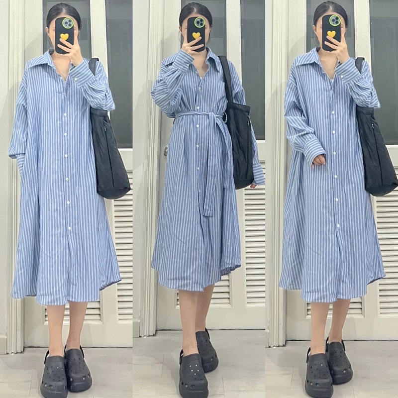 Đầm sơ mi suông dài kẻ sọc hàng thanh lý 2hand