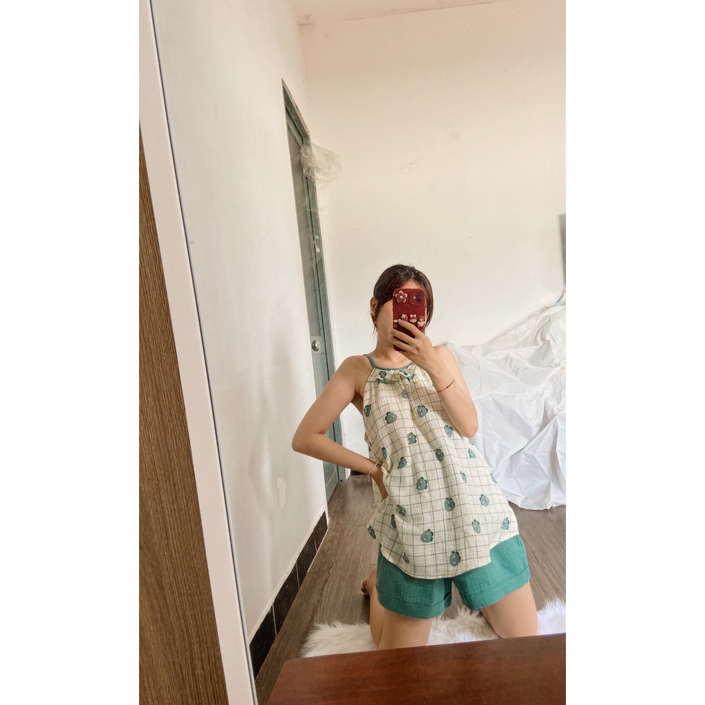 Đồ ngủ hai dây chất xô muslin hoạ tiết khủng long xanh cực dễ thương