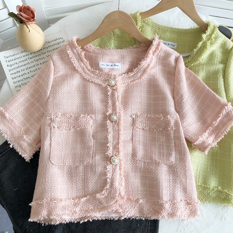 Áo khoác ngoài dạ tweed cúc sang chảnh croptop áo cổ tròn lửng xinh xắn hàn quốc