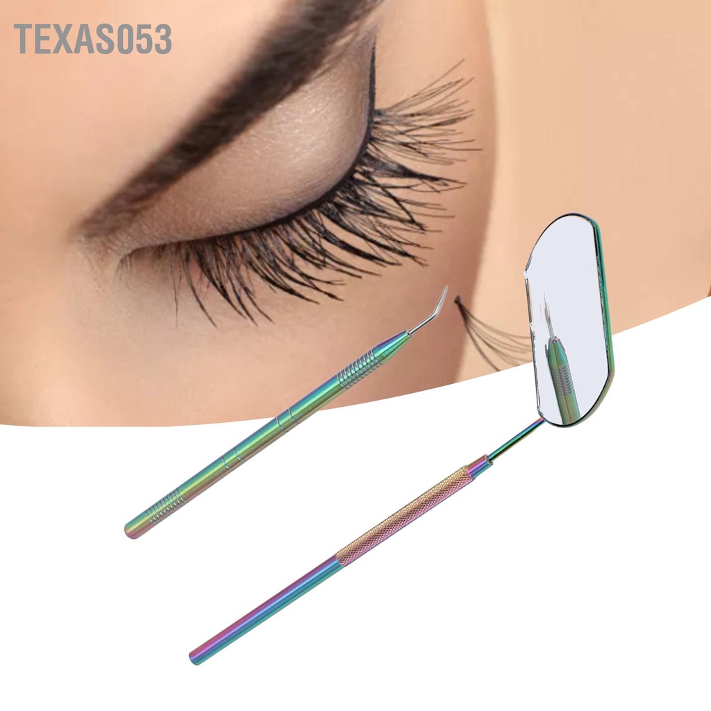 Texas053 Bộ nhíp nối dài lông mi bằng thép không gỉ Knurled Tay cầm Gương kính có thể tháo rời dụng cụ kẹp đầy màu sắc tay