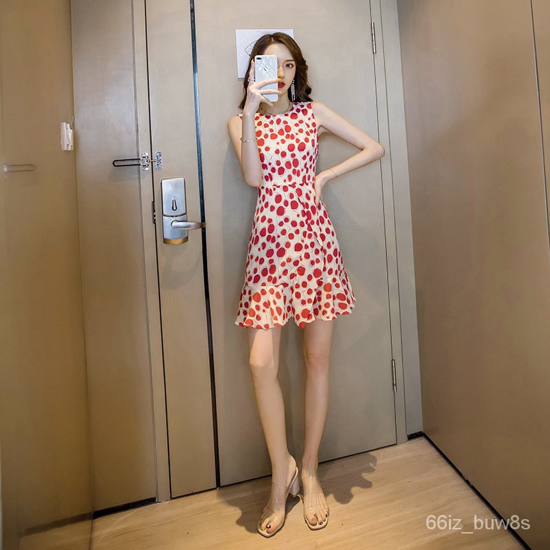Sản Phẩm Mới Của Phụ Nữ Đầm Mùa Hè Hàn Quốc Tính Khí Vòng Cổ Lá Sen Slim Mỏng In Tay Váy