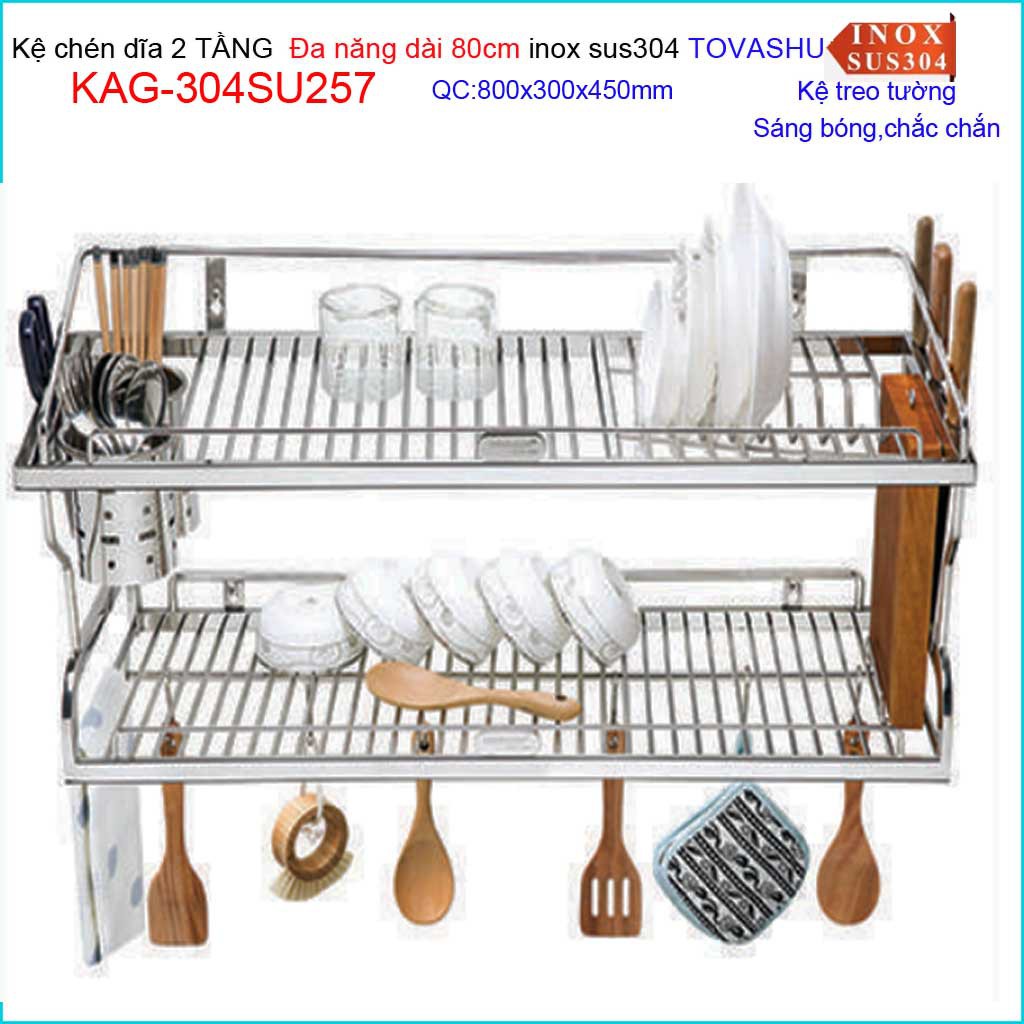 Kệ đựng chén bát Inox Tovashu, kệ 2 tầng úp chén dĩa đa năng inox 304 Nhật Bản 70cm-80cm-90cm