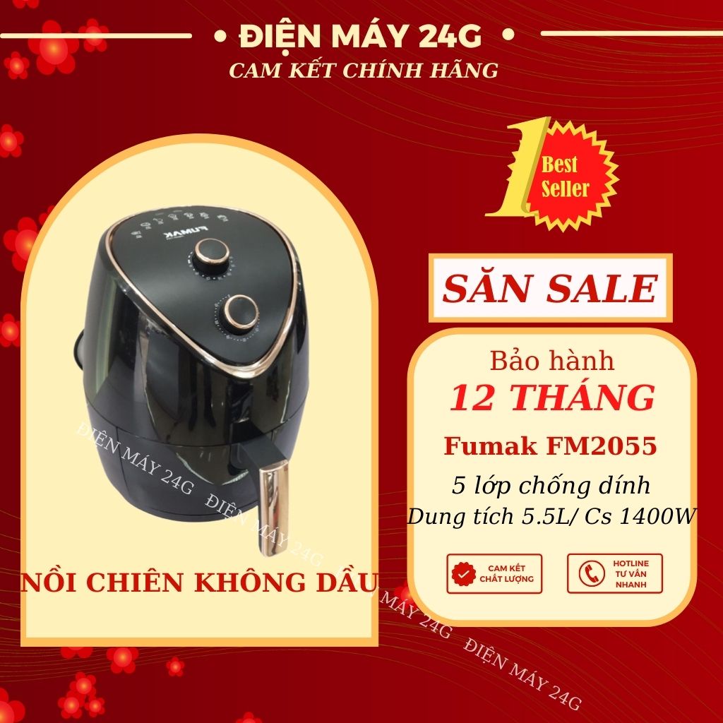 Nồi chiên không dầu Fumak FM2055 Nhật Bản 5.5L công suất lớn khay chiên phủ 5 lớp chống dính an toàn cho sức khoẻ