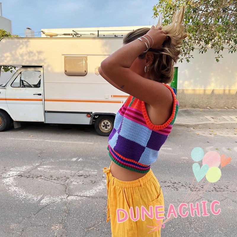 DUNEA Bộ Áo Tank Top Dệt Kim Cổ Tròn + Quần Short Lưng Cao Kẻ Sọc Cá Tính Cho Nữ