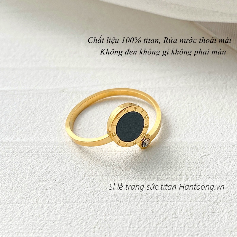 Nhẫn titan nữ không gỉ thiết kế mặt đen tròn khắc số la mã thời trang thanh nhã
