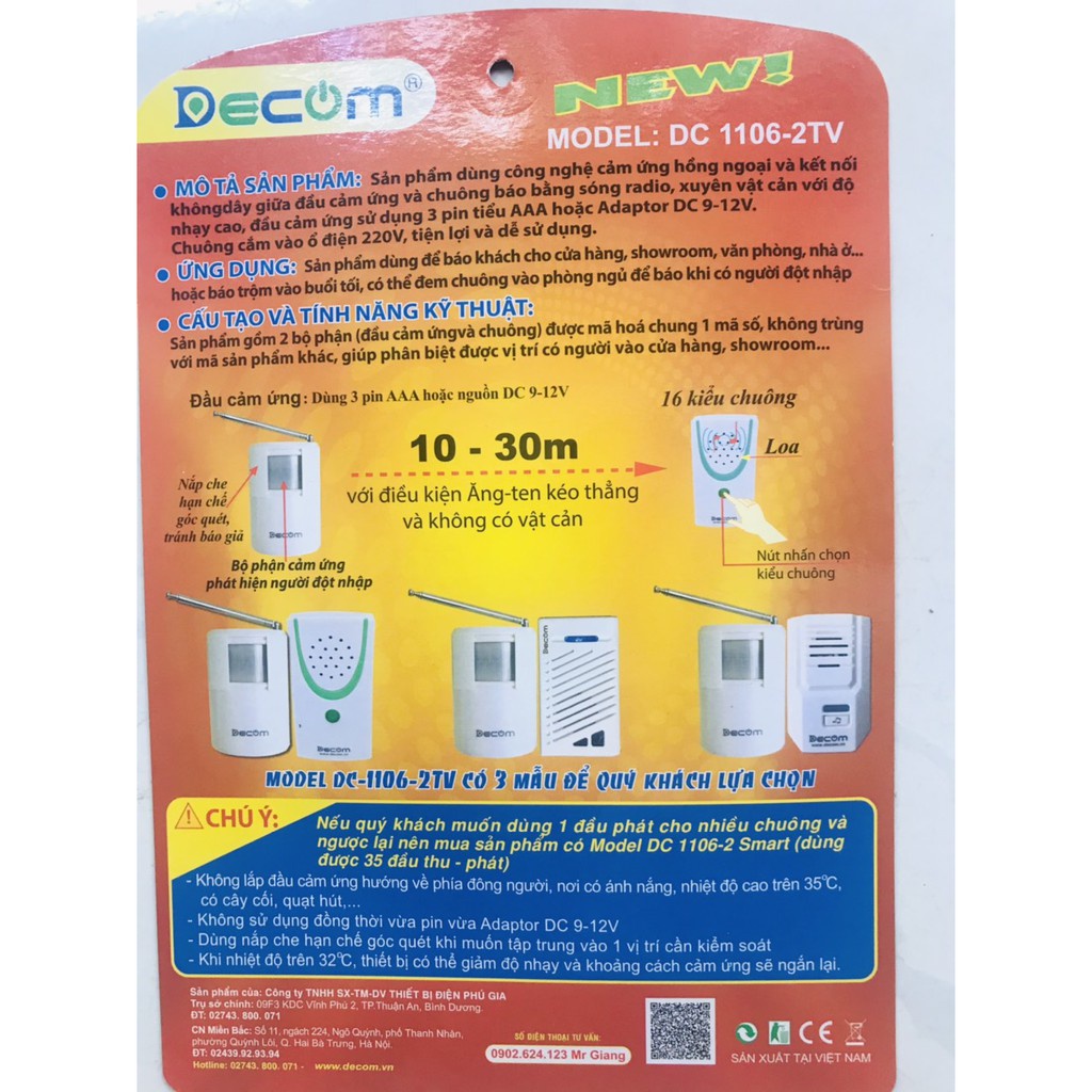 Báo khách tiếng việt, báo trộm cảm biến bằng hồng ngoại không dây hàng chính hãng Decom DC1106-2