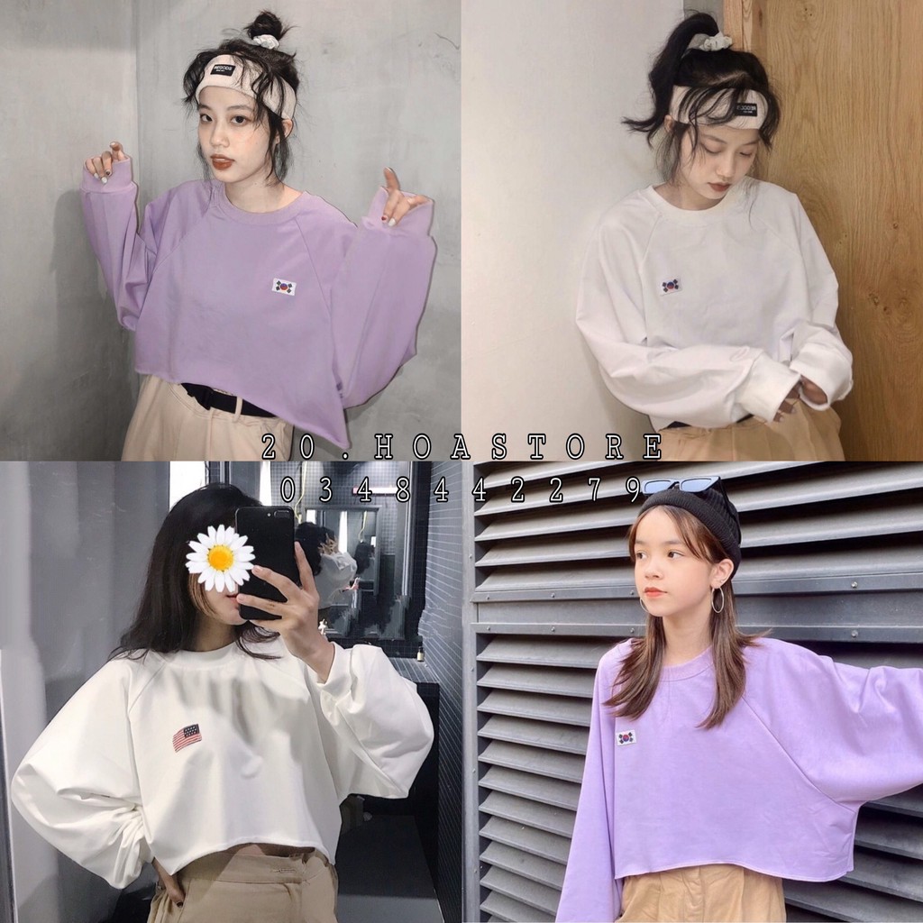 KOREA FLAG CROPTOP SWEATER - ÁO CROPTOP TAY BO THÊU CỜ HÀN TRẮNG TÍM UNISEX - CRT NỈ DÀI TAY BỒNG LÁ CỜ