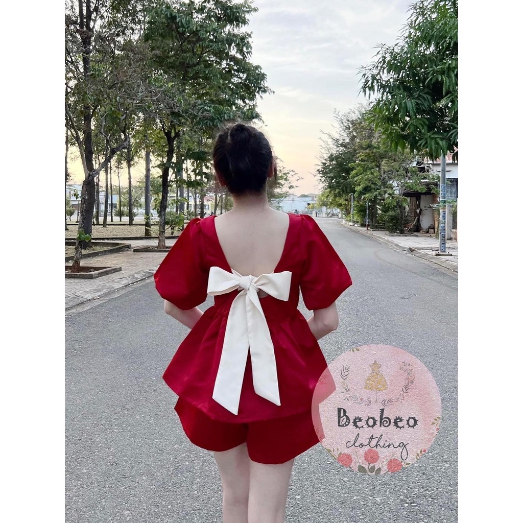Set áo babydoll đỏ tay phồng nơ lưng kèm quần short dễ thương