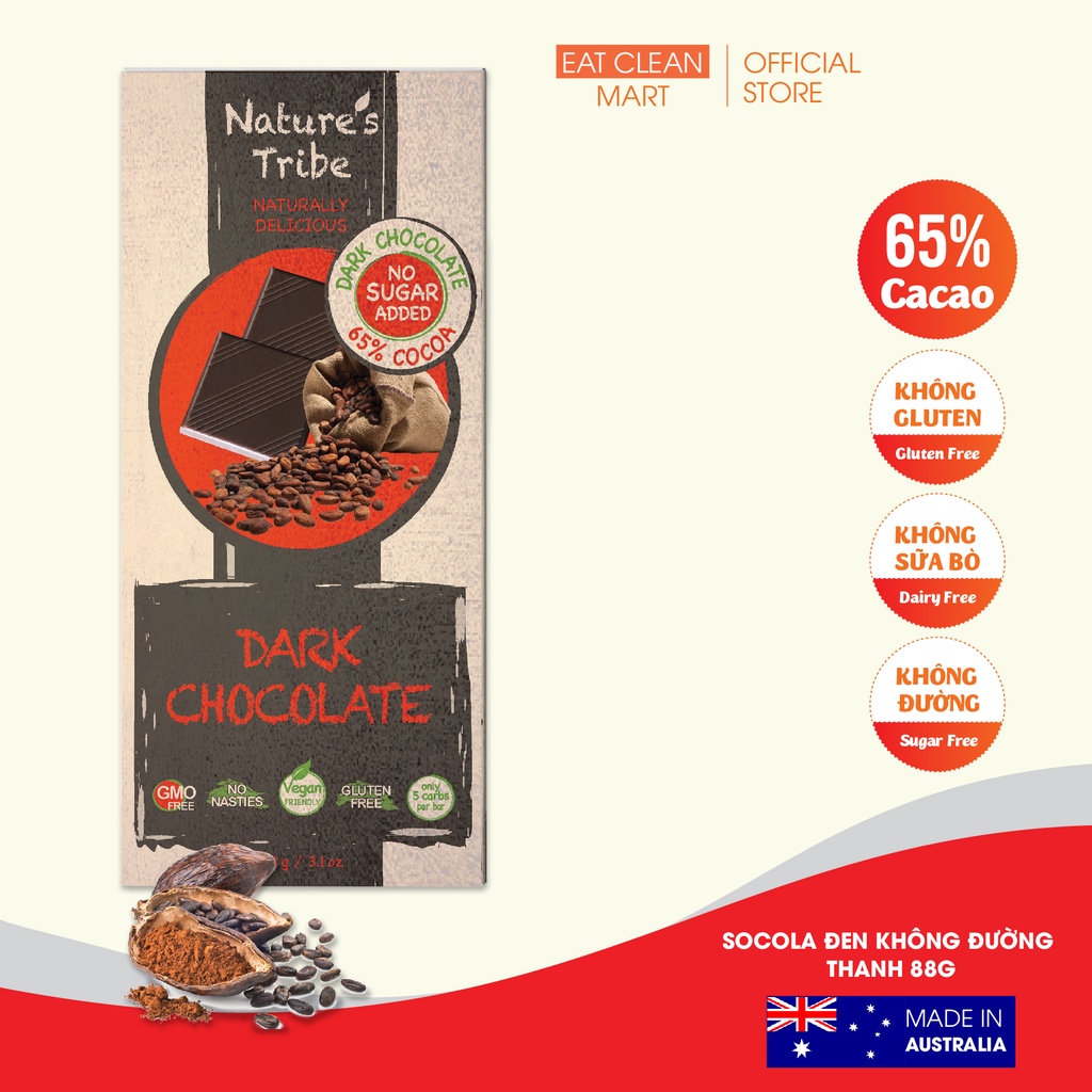 Socola Đen Không Đường Nhập Khẩu Úc, Gluten Free, Phù hợp  cả ăn chay - Nature's Tribe Dark Chocolate - Thanh 38g-88g